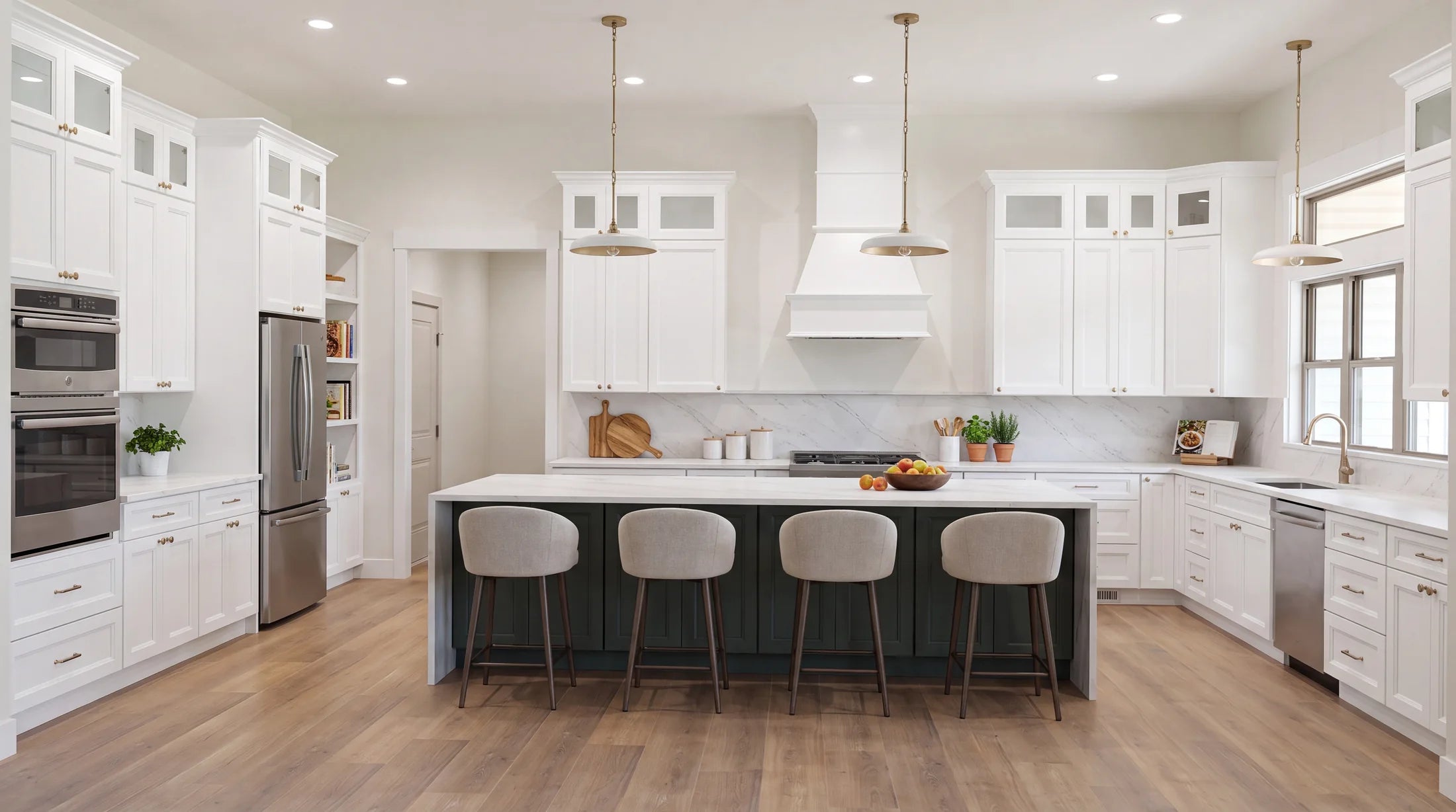 A family cooking together in a white and green STL Cabinetry kitchen